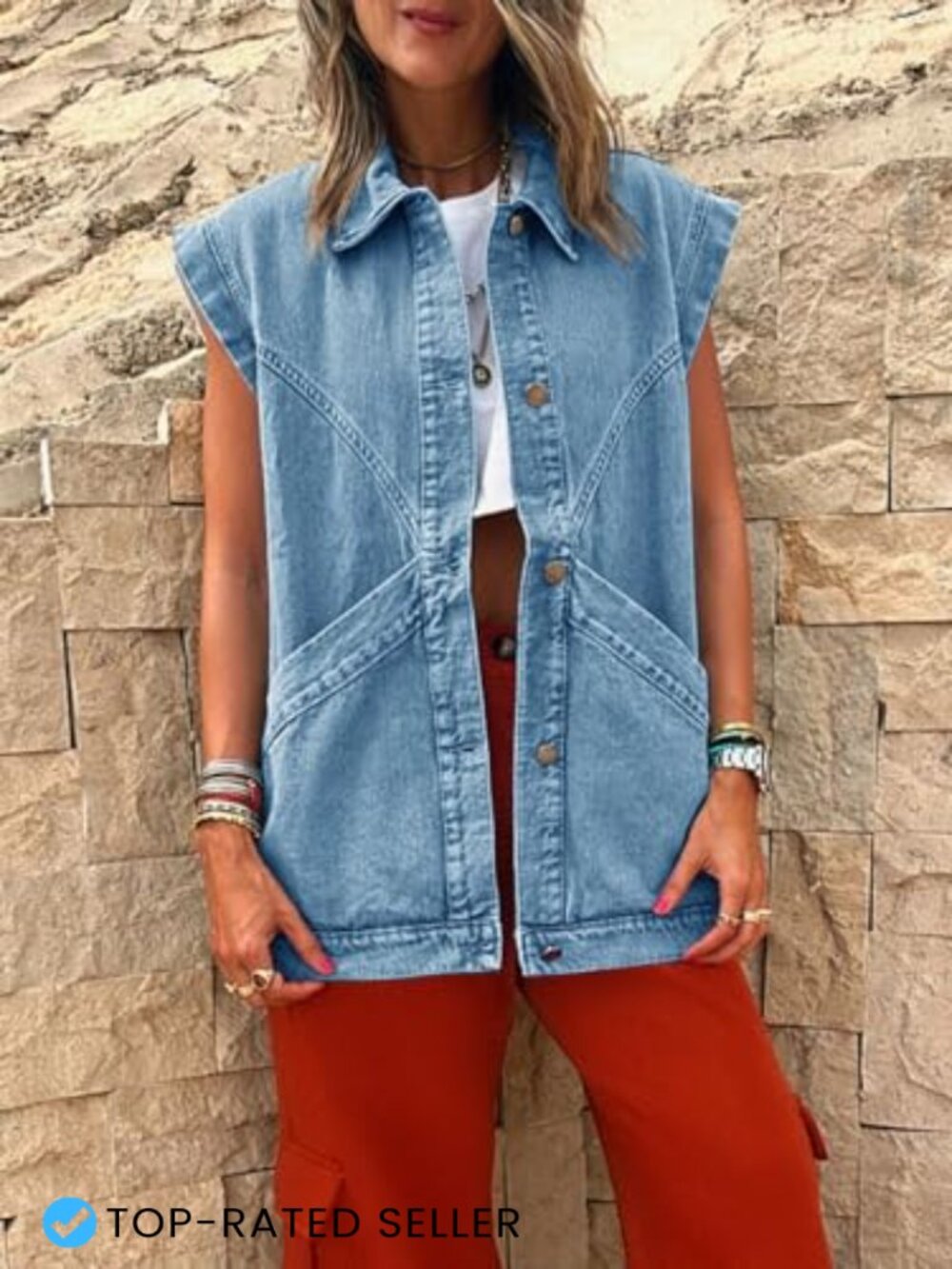 Oversized Sleeveless Denim Vest Classic Button Down Casual Utility Lapel Jean - Picture 5 of 7